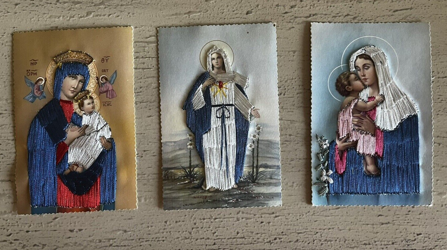 Lot 3 Vintage Embroidered Religious Postcards Nr Mint Unused Virgin Mary