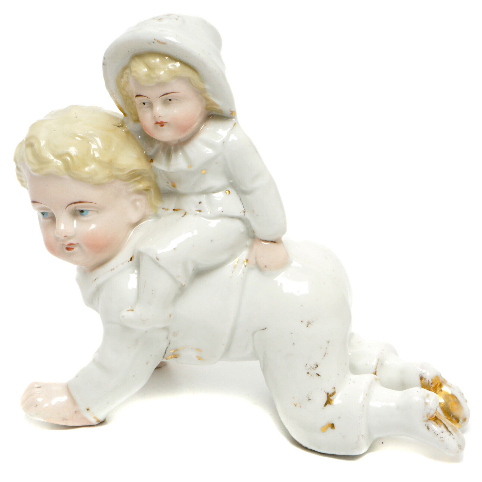 Antique Gebruder Heubach German Bisque Figurine Blond Siblings Playing Horsey