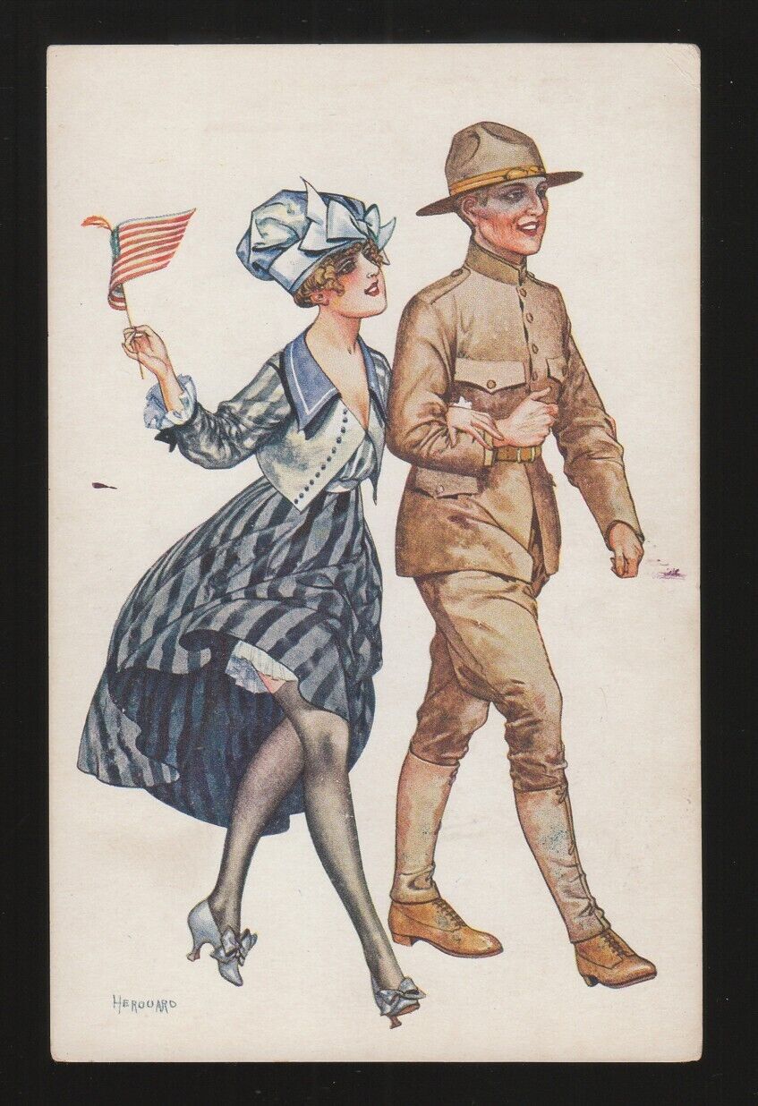 [78755] OLD RISQUE POSTCARD ARTIST SIGN HEROUARD WW1 U.S. SOLDIER with GIRL