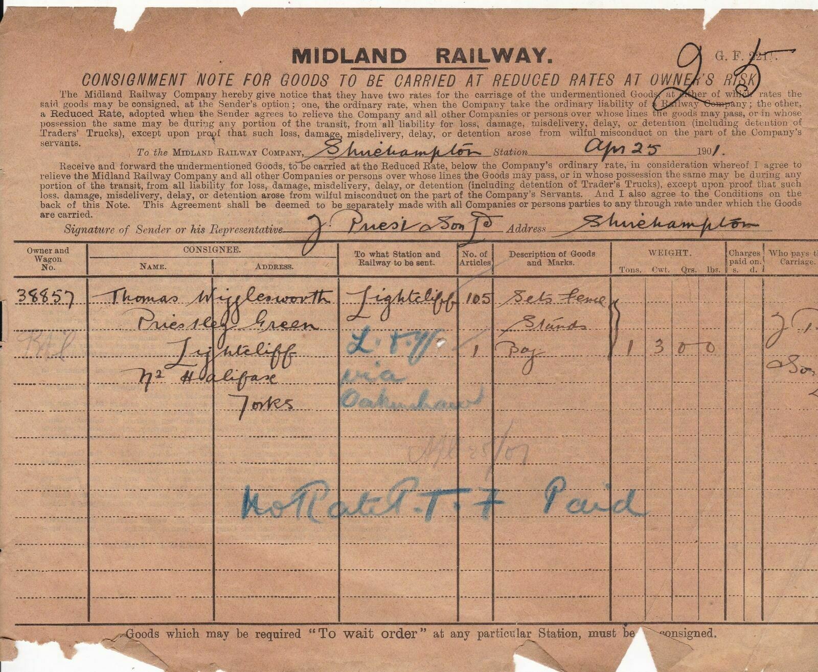 Midland Railway Consign.Note 1901 For Goods by Owner Red. Rates O.Risk-Trs 42264
