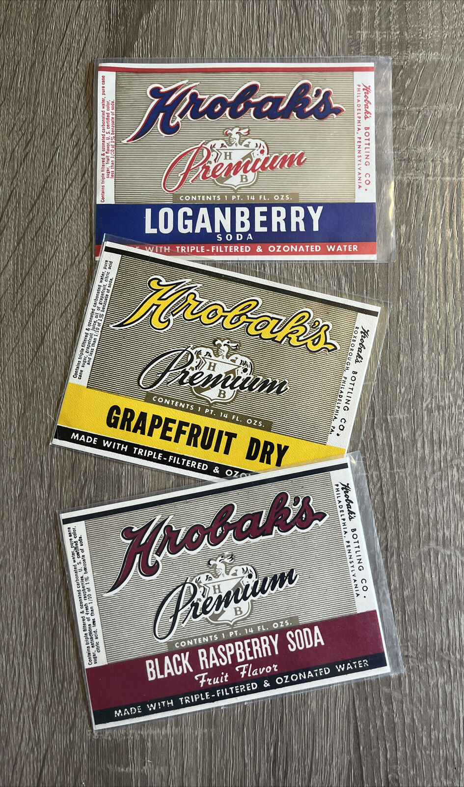 Vtg Hrobak\'s Soda Bottle Labels (3) Loganberry Grapefruit Dry Black Raspberry