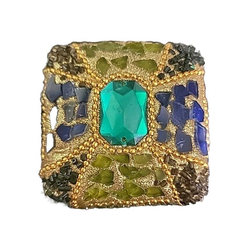 Beautiful Jeweled Trinket Box With Colorful Gems Green Blue Gold Square