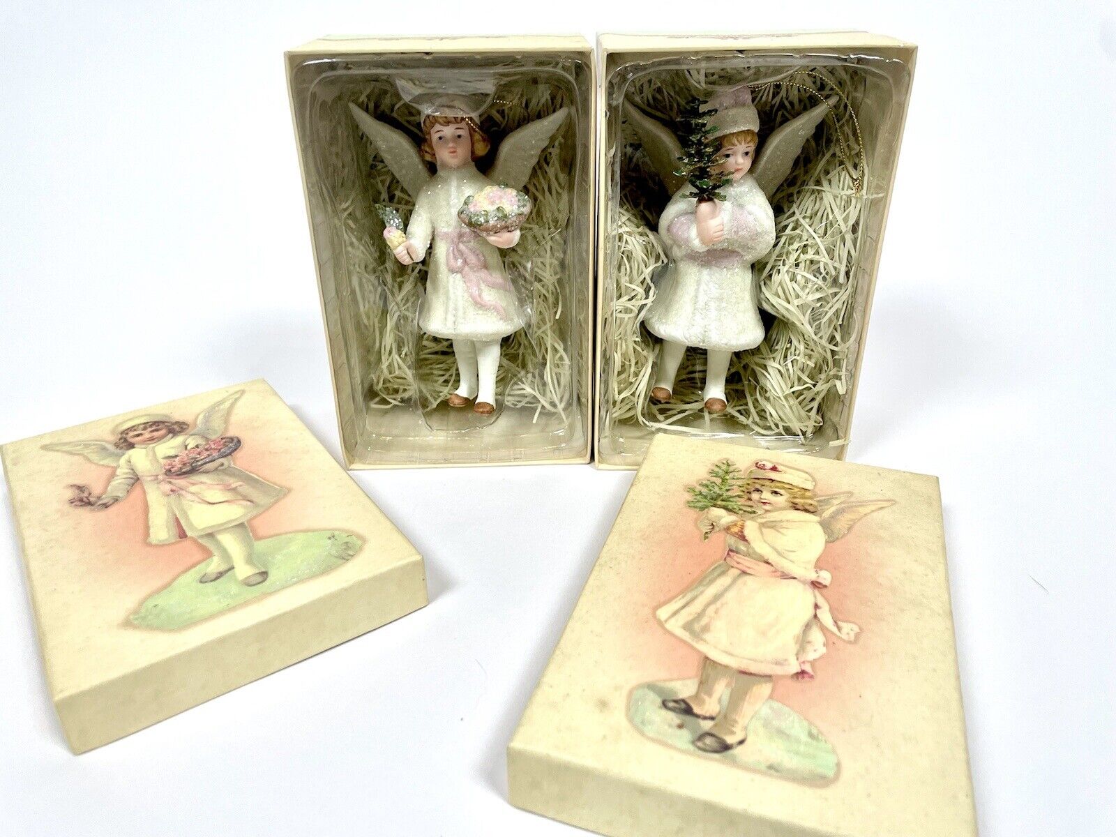 Costco Porcelain CHRISTMAS ORNAMENTS Cherub Angels New w/Decorative Boxes |2/Set