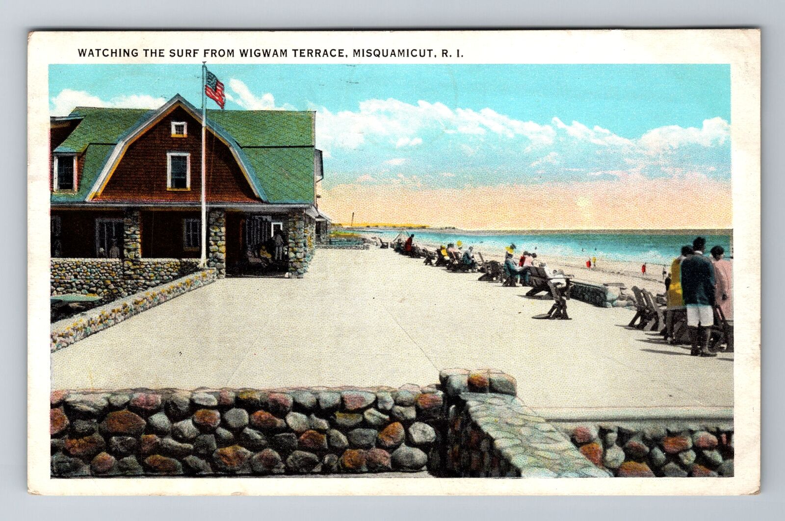 Misquamicut RI-Rhode Island Watching Surf Wigwam Terrace Vintage c1932 Postcard