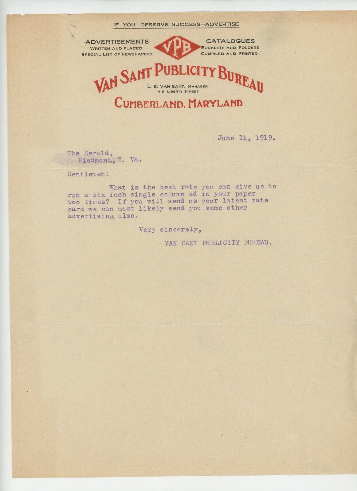 Rare 1919 Van Sant Publicity Bureau Letter, Cumberland MD