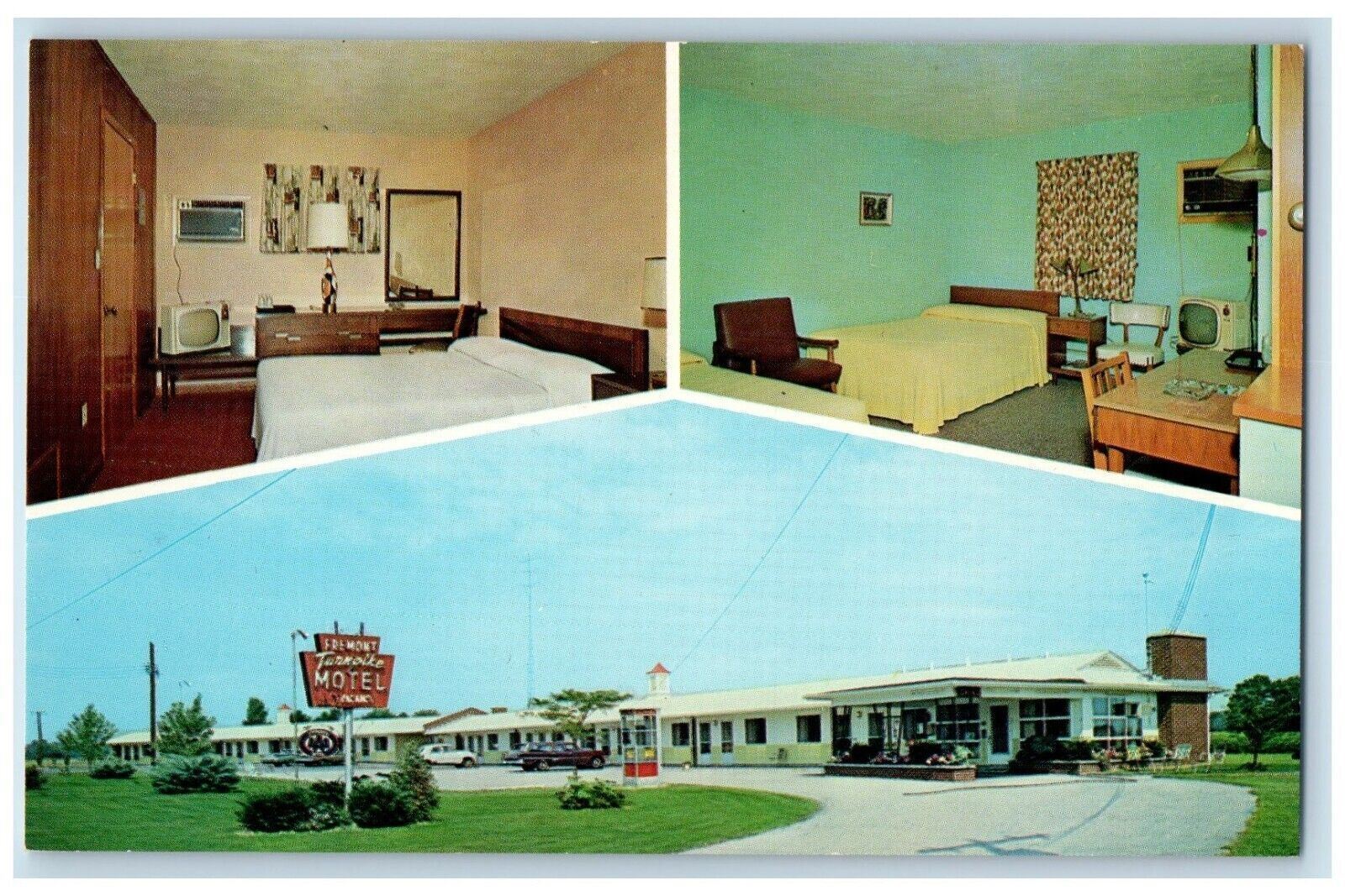 c1960's Fremont Turnpike Motel And Bedroom View Fremont Ohio OH Vintage Postcard