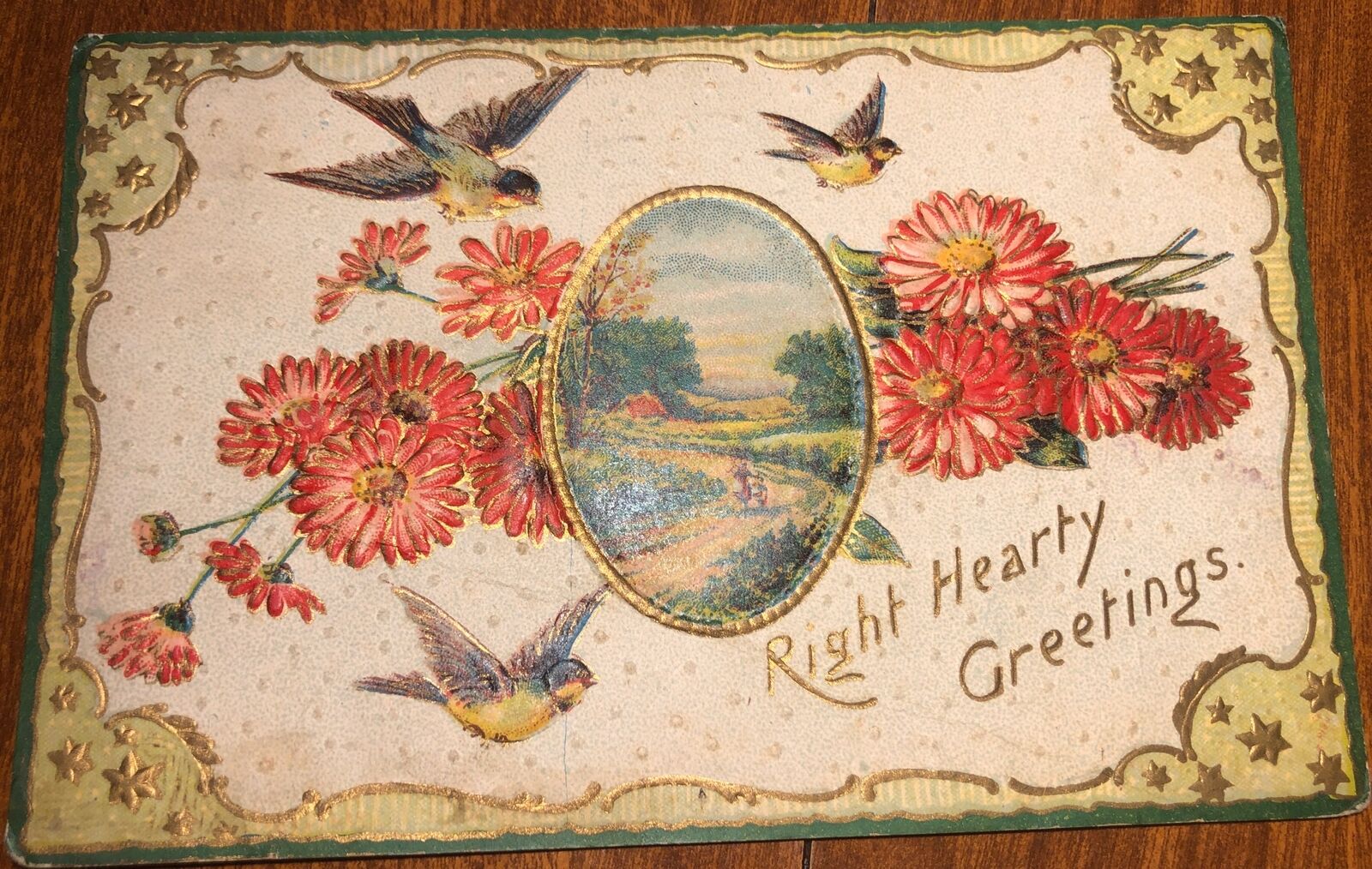 Postcard PM 1914 Embossed Greeting Stars, Asters, Birds & Country Road