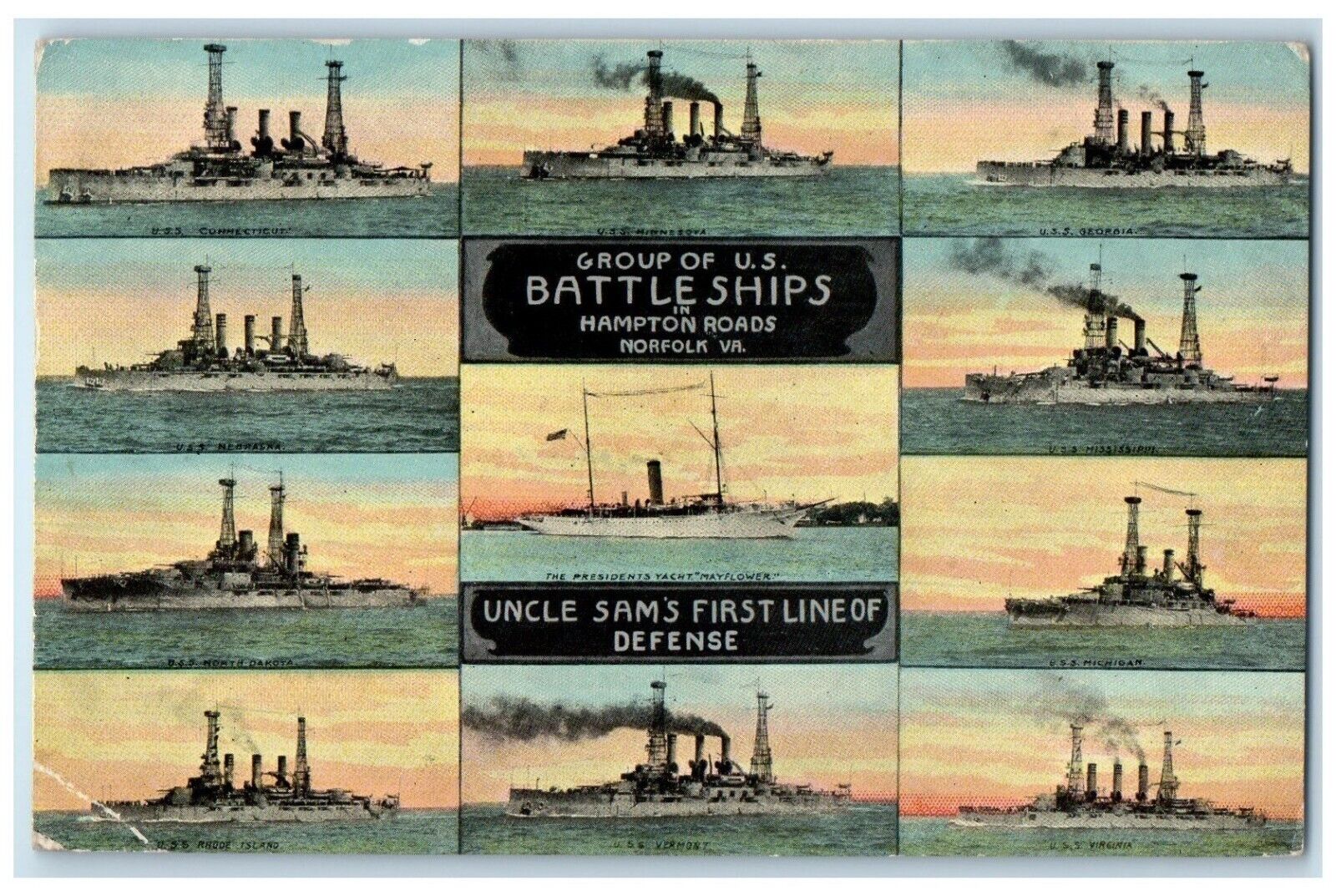 1912 Group Of US Battleship In Hampton Roads Norfolk VA Multiview Postcard
