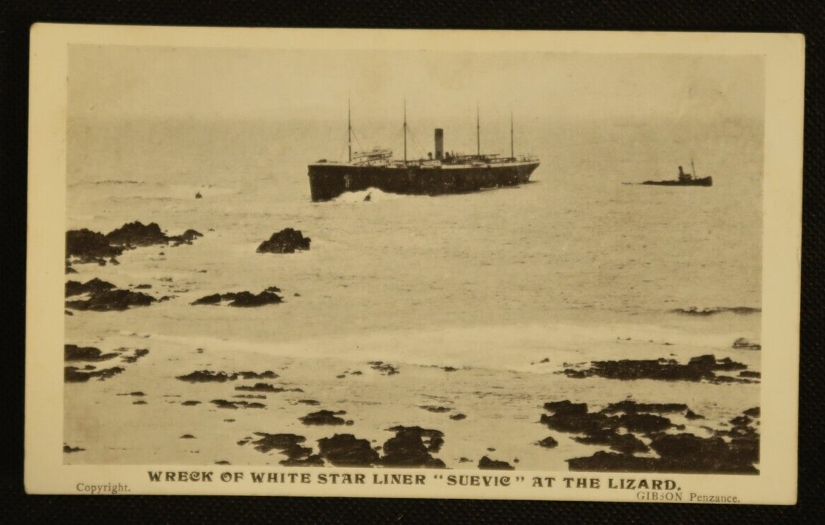 Wreck of the White Star Liner Suevic at the Lizard Rocks Postcard Steamship Boat
