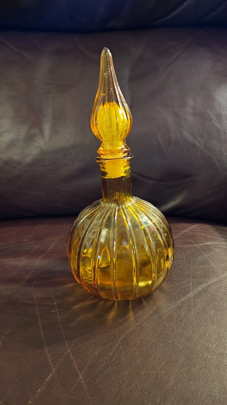 Vintage Mid Century Empoli Amber Yellow Glass Bottle with Intact Stopper 9\