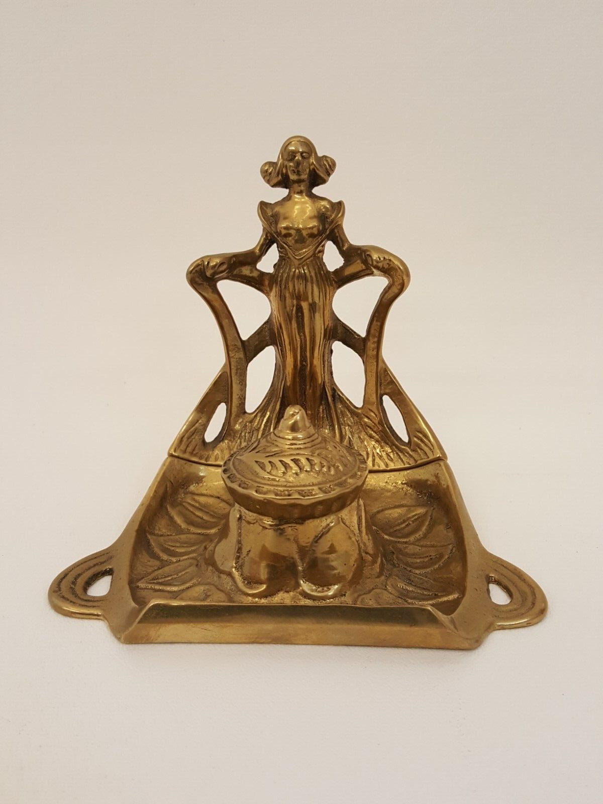 Vintage art deco nouveau inkwell brass nude lady figural