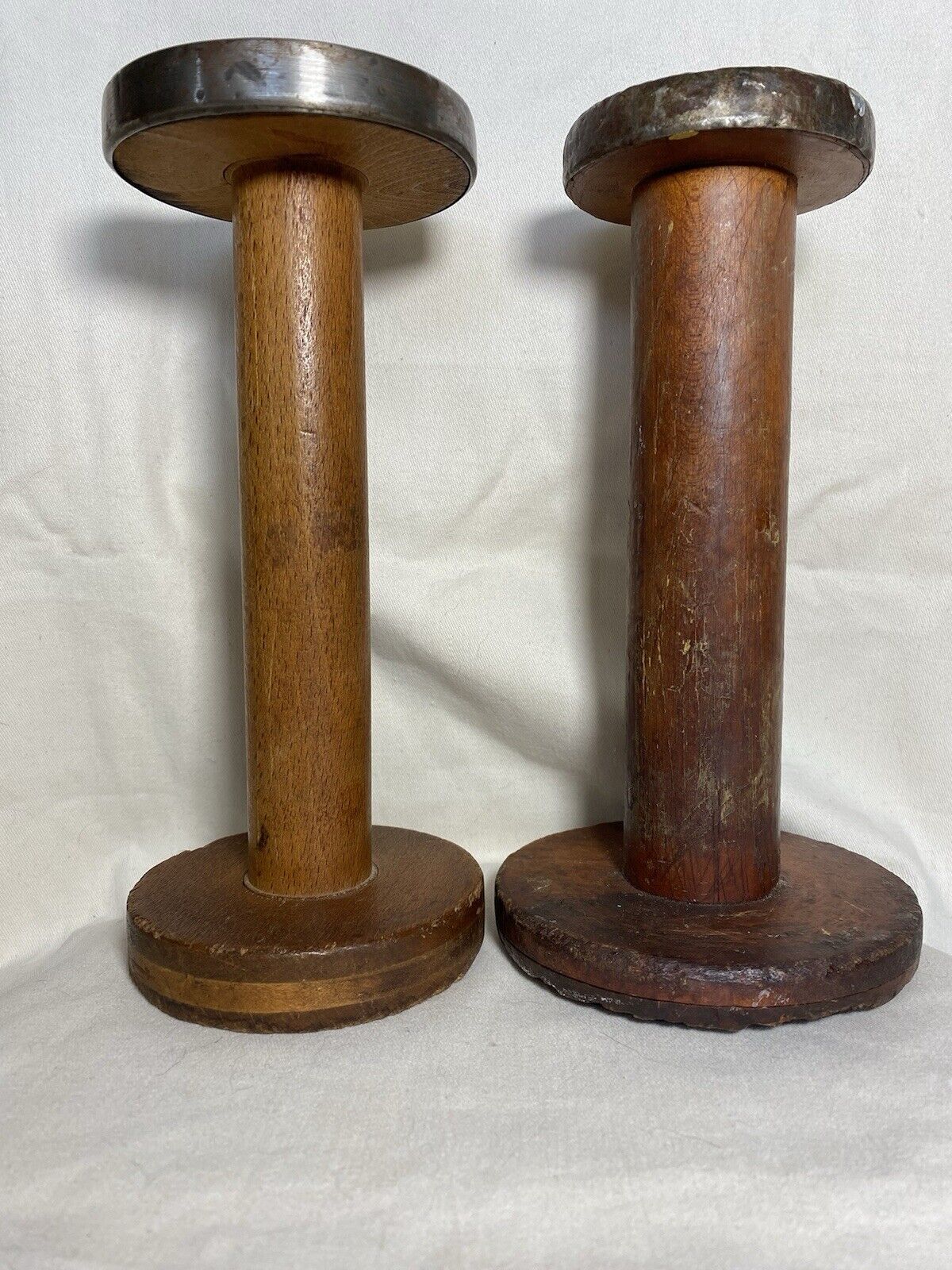 Pair Of Antique Wooden Textile Spools Bobbins