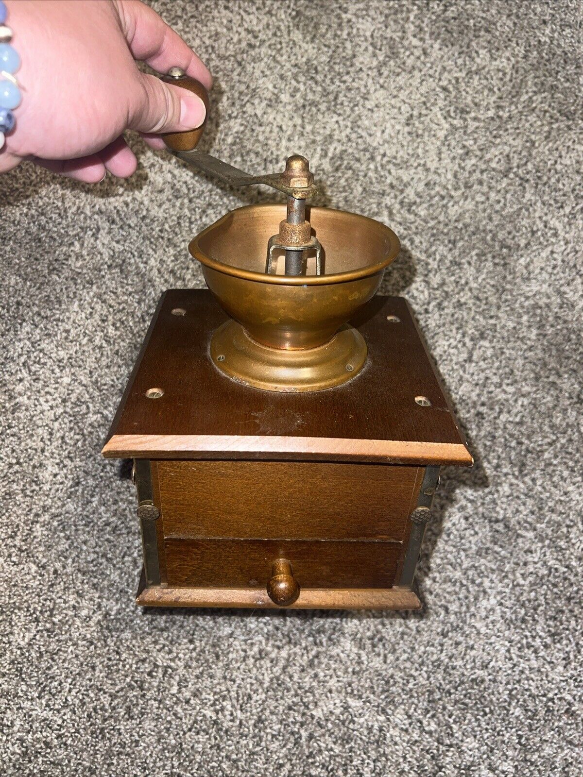 Coffee Grinder Vintage Wood and Copper w/ Drawer Made in Western Germany