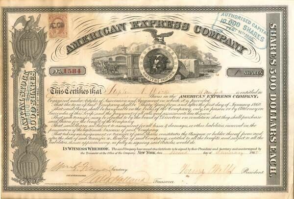 American Express Co. signed by Henry Wells and Wm. G. Fargo - Stock Certificate 