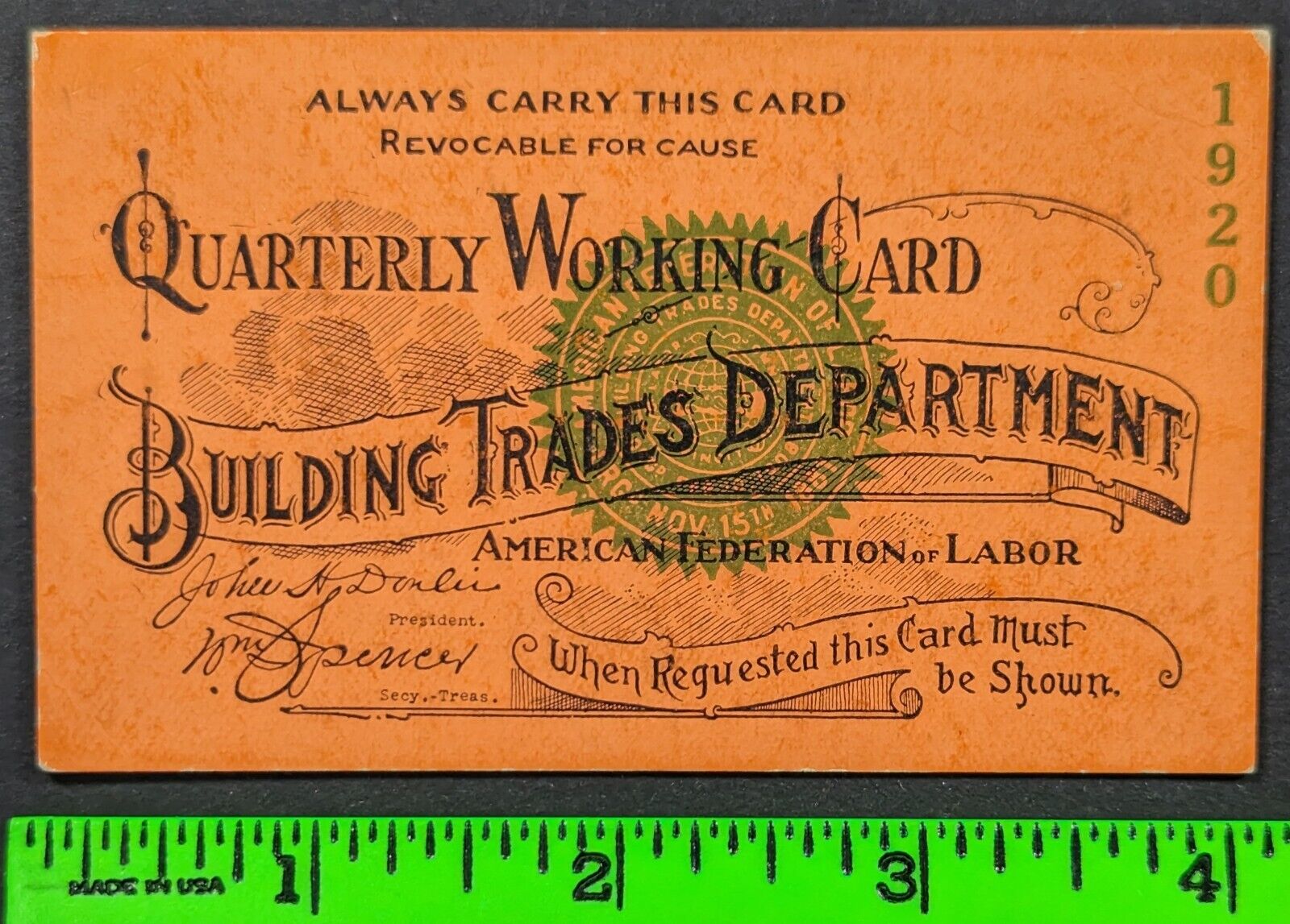 Vintage 1920 Building Trades San Francisco California Workers Card
