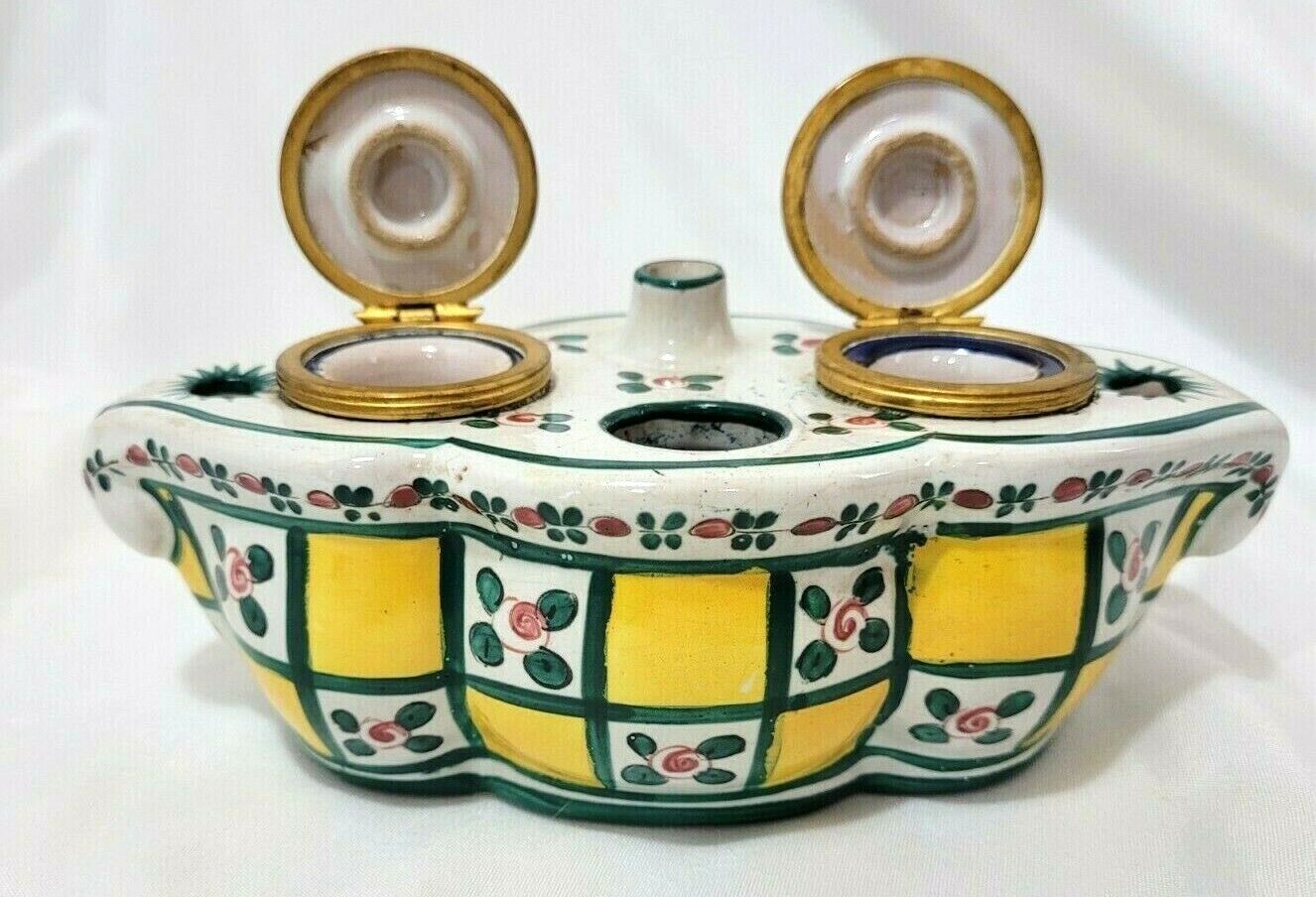 Antique Aladin France Double Inkwell French Porcelain w/Rare Hinged Covers