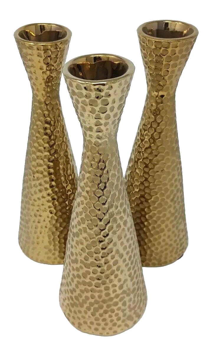 VTG Tozai Home Hammered Gold Ceramic Vase Textured Metallic Table Bud Vase Set 3