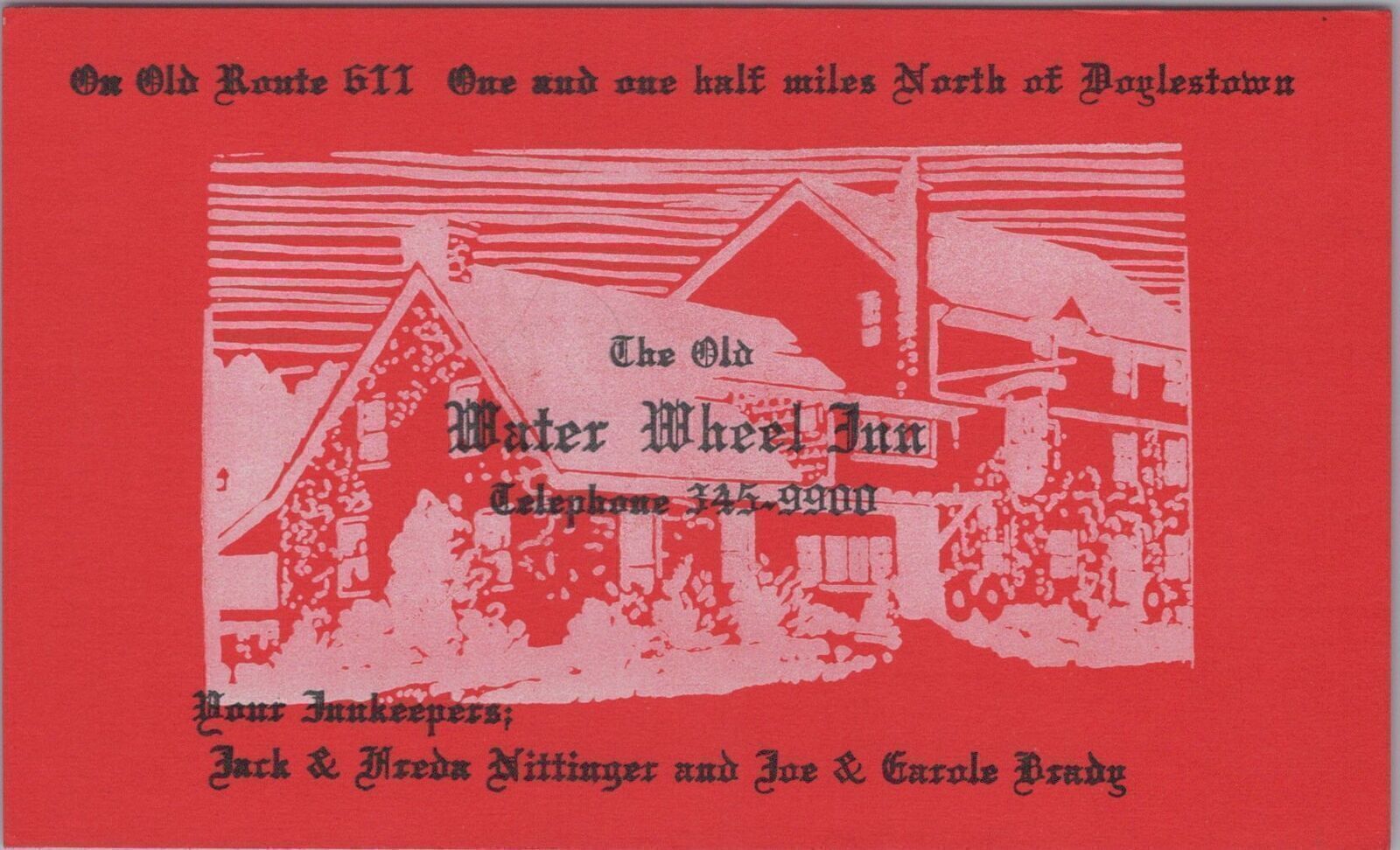 Postcard The Old Water Wheel Inn 1 1/2 Miles North Doylestown PA 