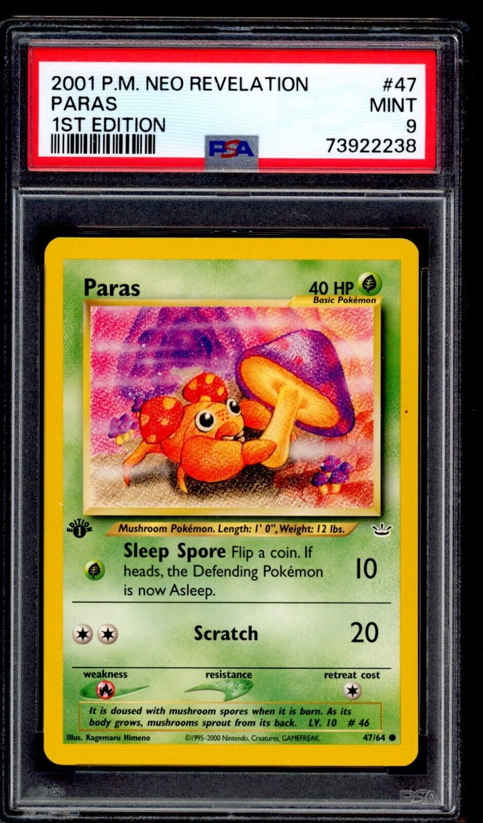 PSA 9 Paras 1st Edition 2001 Pokemon Card 47/64 Neo Revelation