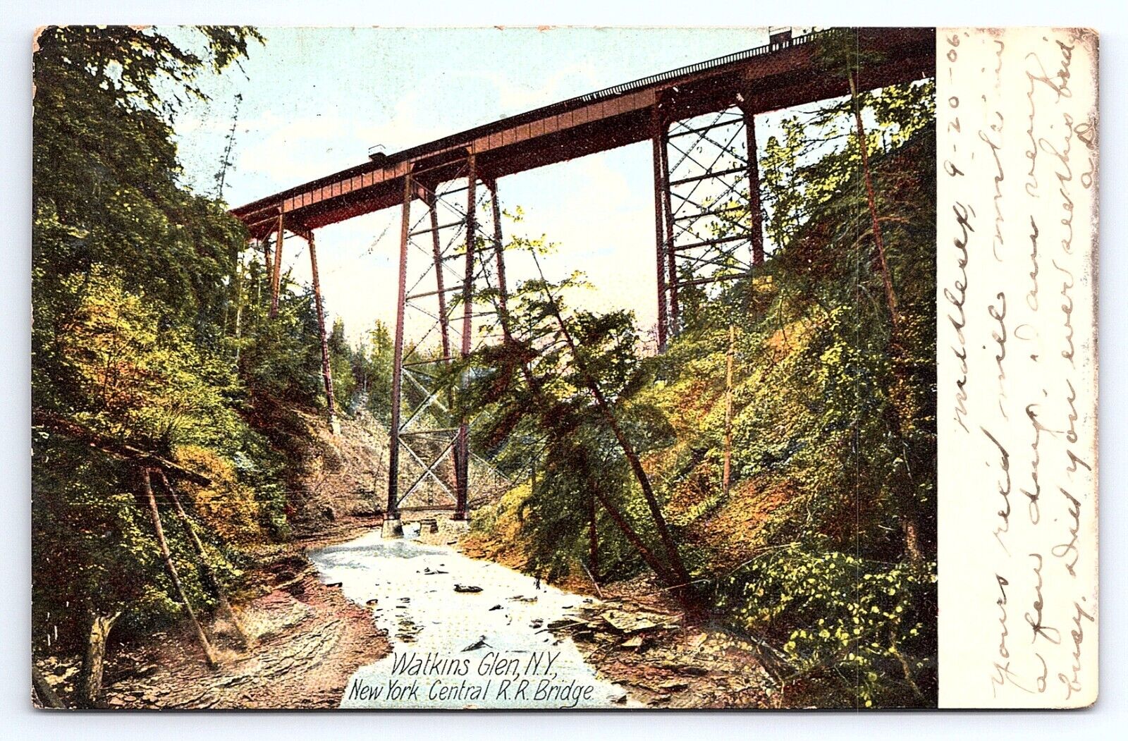 Postcard Watkins Glen New York, New York Central Railroad Train Bridge NY c.1906