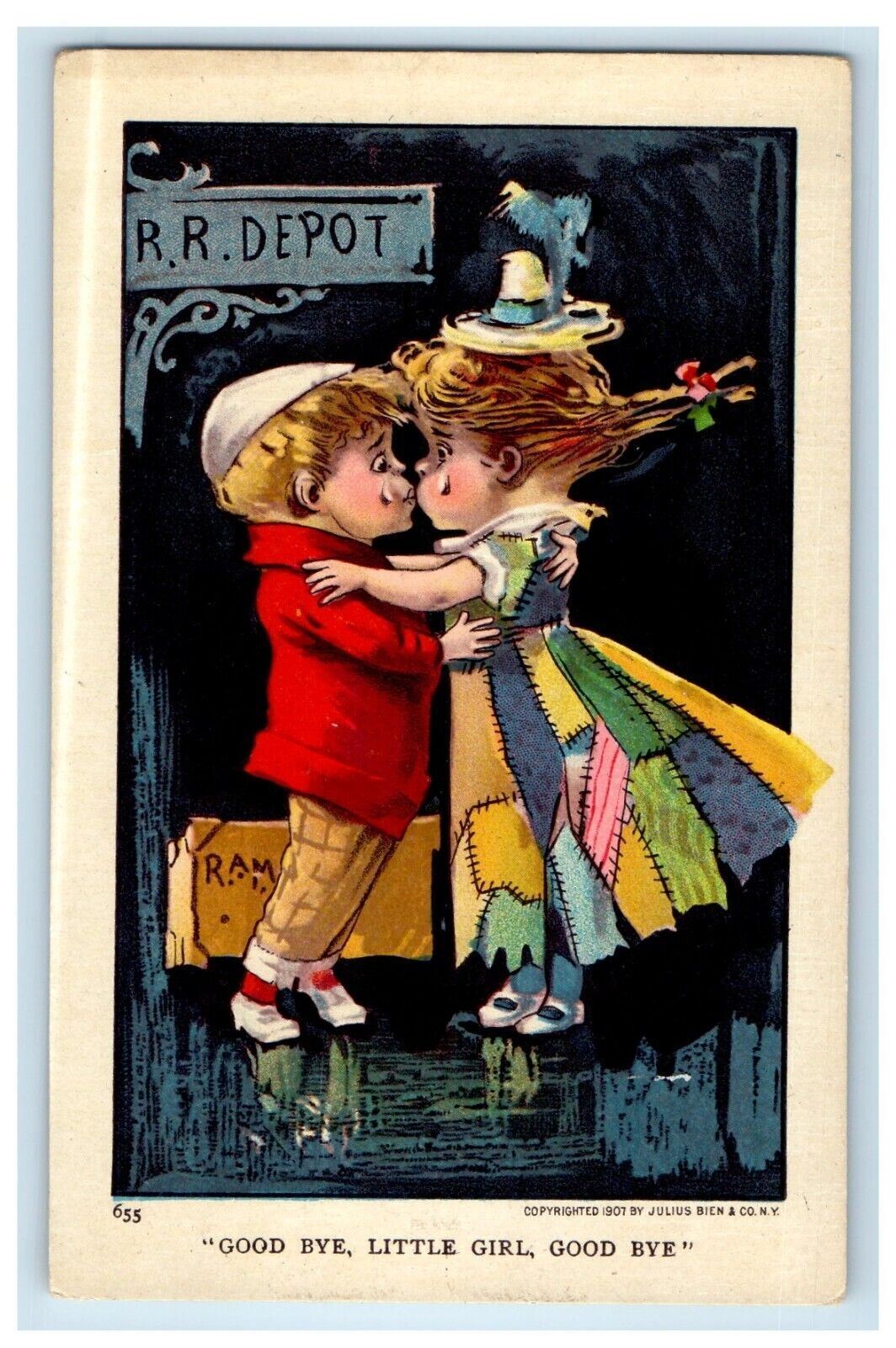 c1910's R.R Depot Little Girl And Boy Kissing Good Bye Unposted Antique Postcard