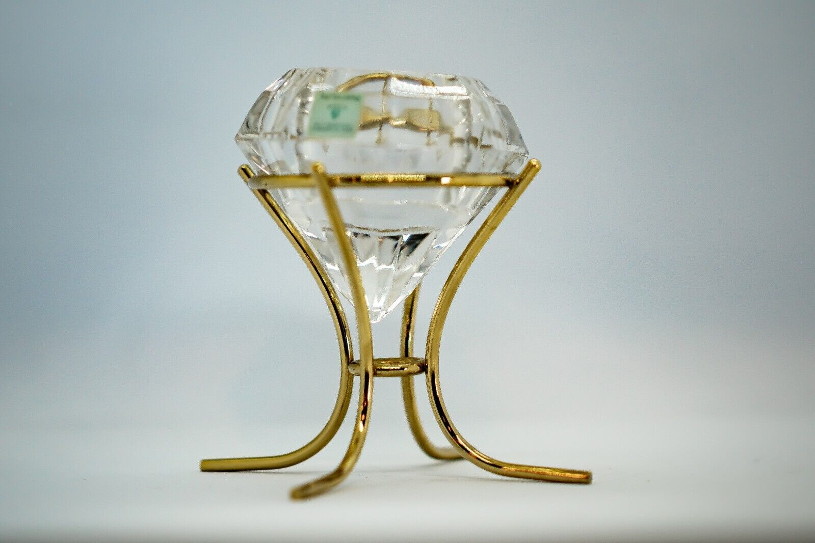 Crystal Candle Holder, Diamond Snapped W/ Gold Tone Metal Stand / Base 4.75” H