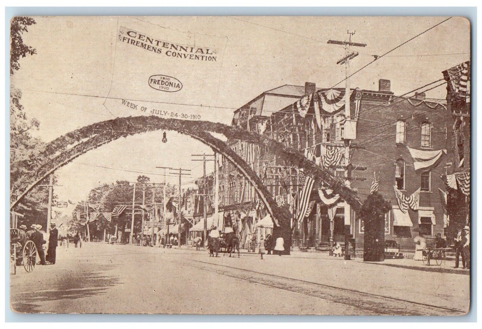 c1910 Centennial Firemens Convention Ark Street Exterior Road Fredonia Postcard