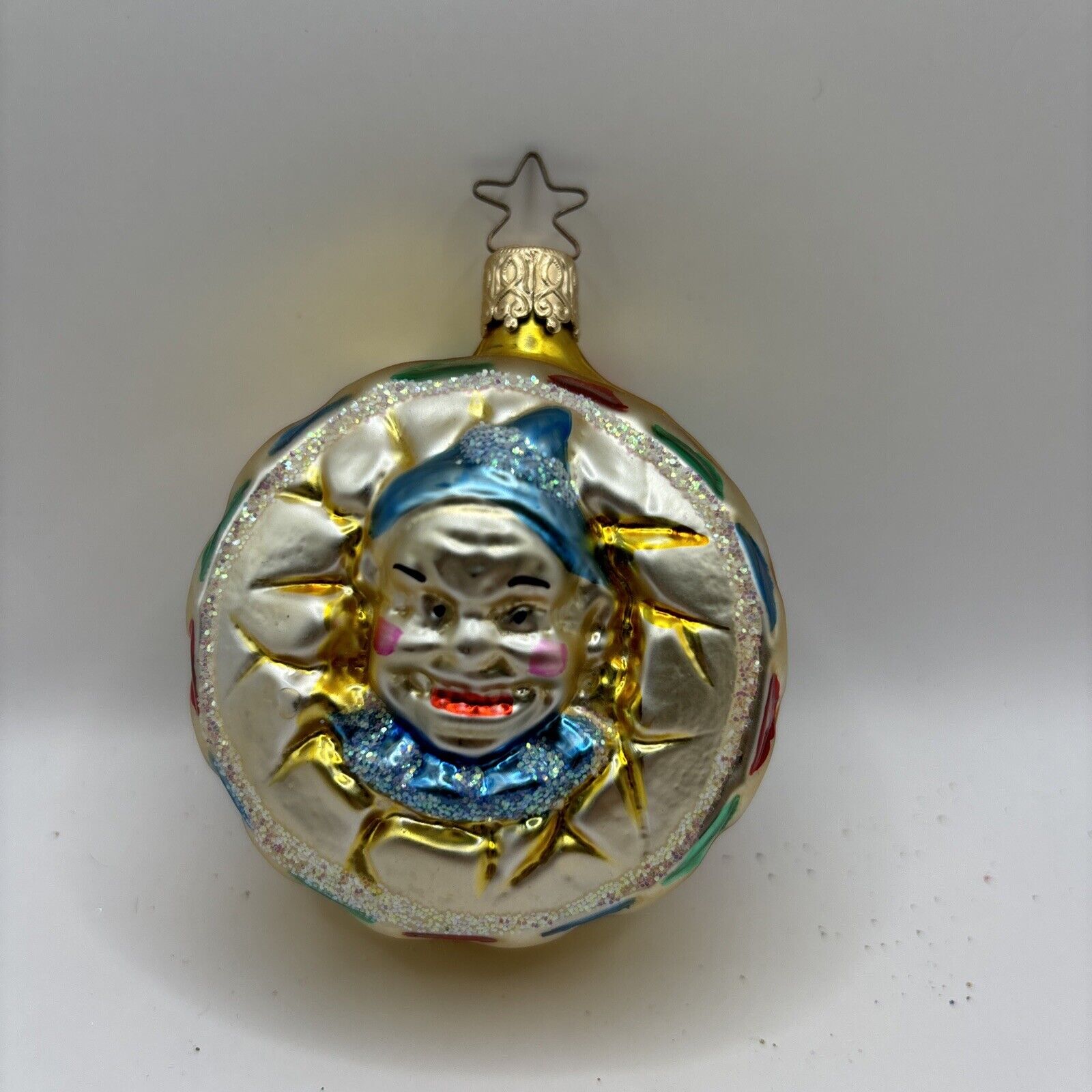 Vintage West German Scary Clown Drum blown Glass Christmas Ornament 2.5\