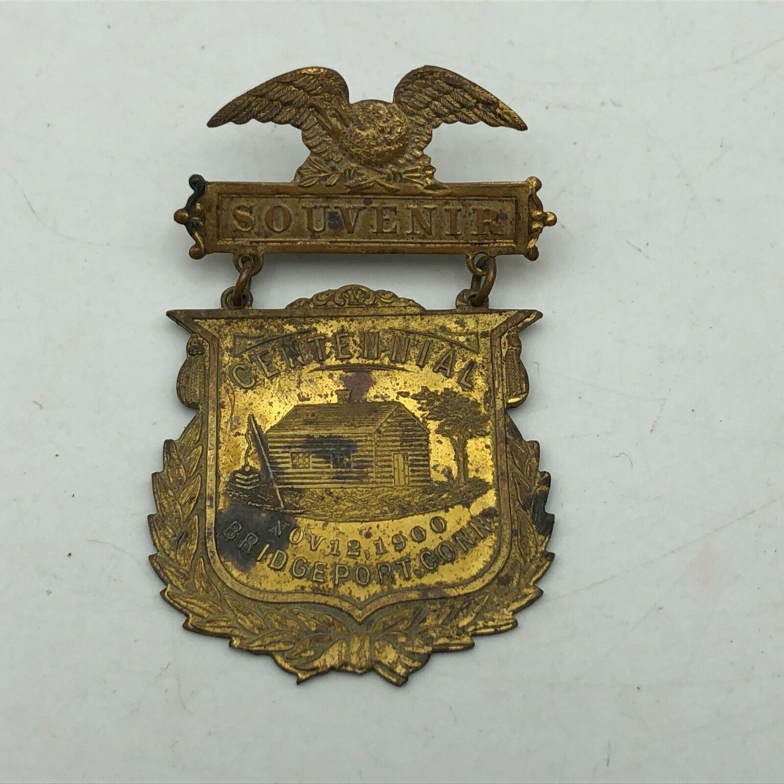 Bridgeport Conn Centennial Badge Medal Pin Deco RARE 1900 Vtg Antique Souvenir