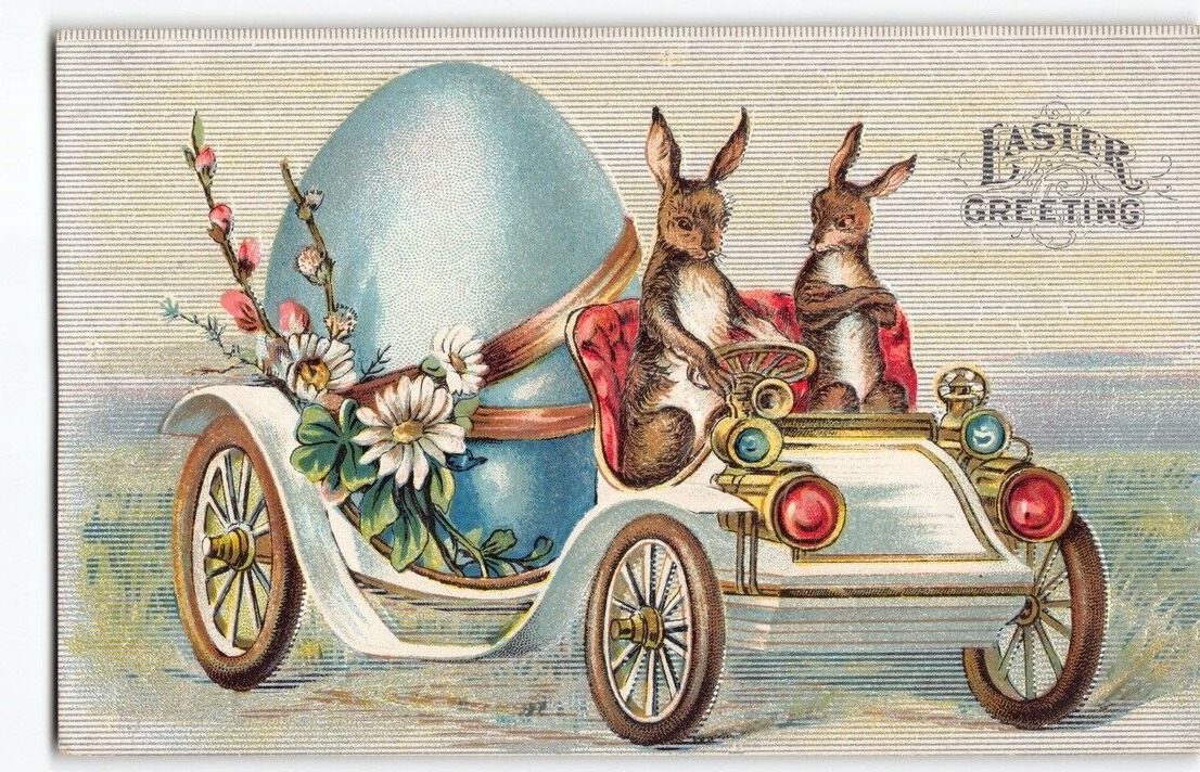 1910s Easter~Silver Metallic~Rabbits Driving Antique Auto Animals Postcard -L5