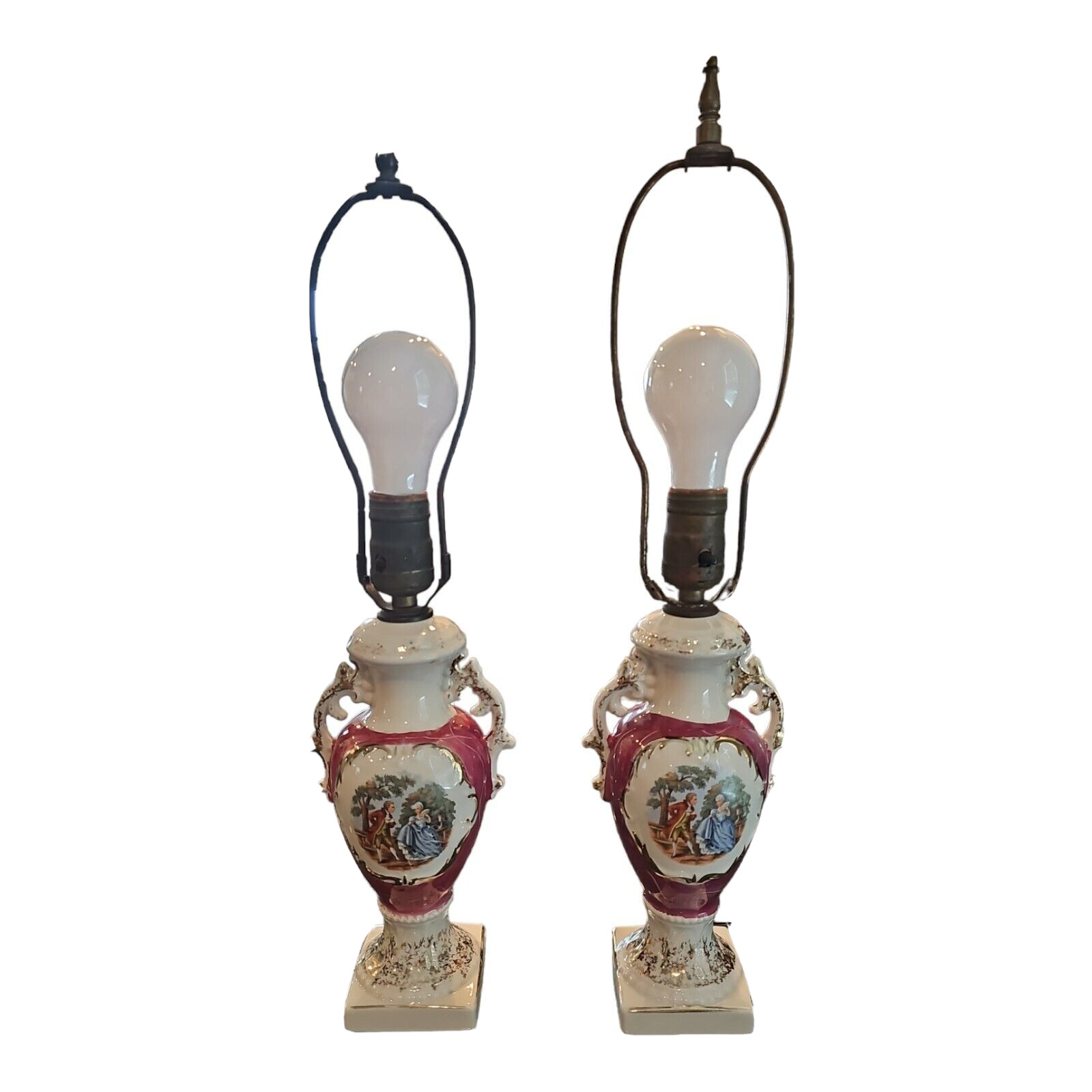 Vintage Pair George and Martha Washington Victorian Style Porcelain Table Lamps