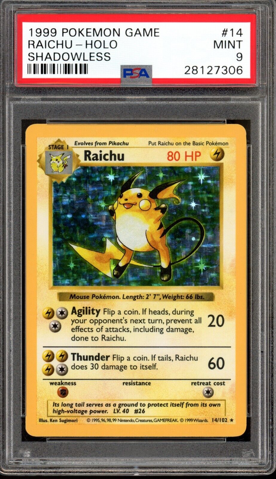 1999 Pokemon Base Set Shadowless Raichu Holo 14/102 PSA 9 Mint