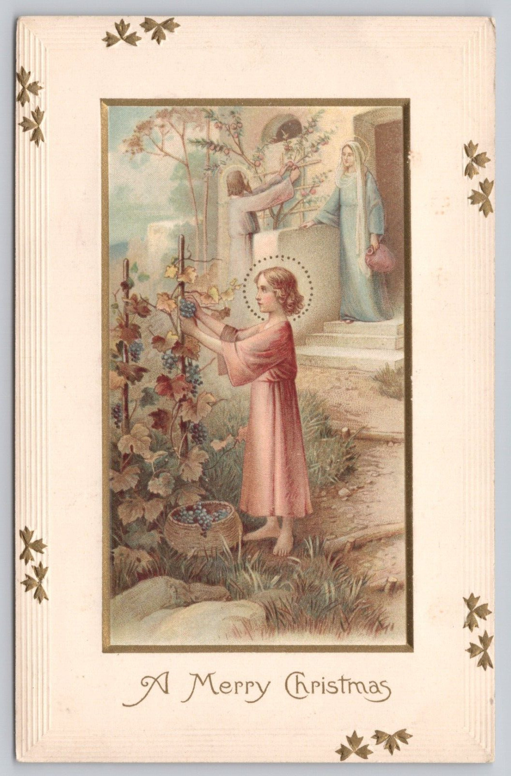 Postcard A Merry Christmas Child Family Picking Grapes Gold Trim