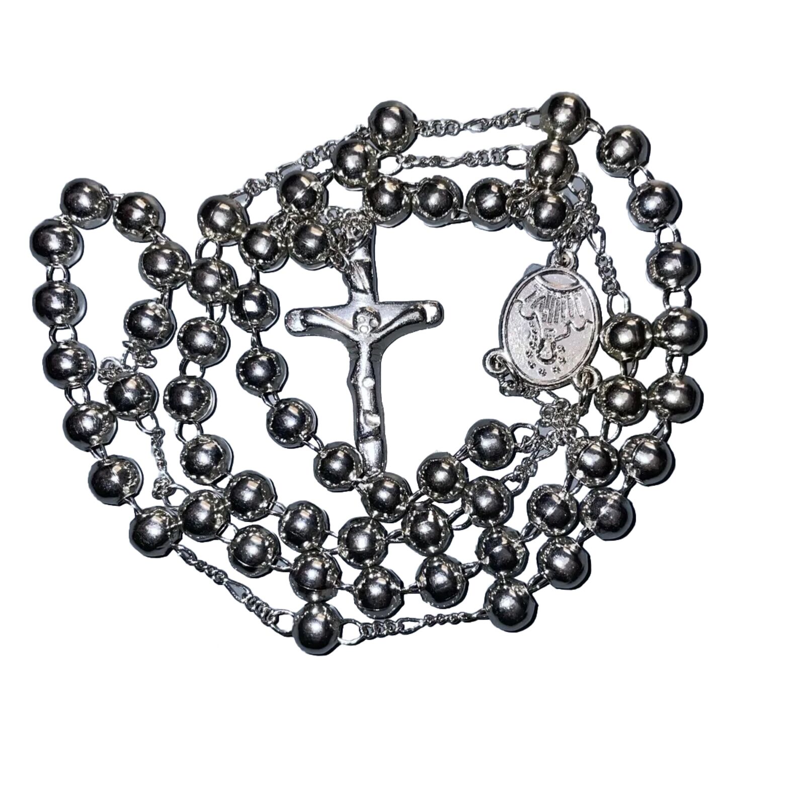 Silver Stainless Steel Beads Rosary Blessed Mother Catholic Mens Women’s Cross