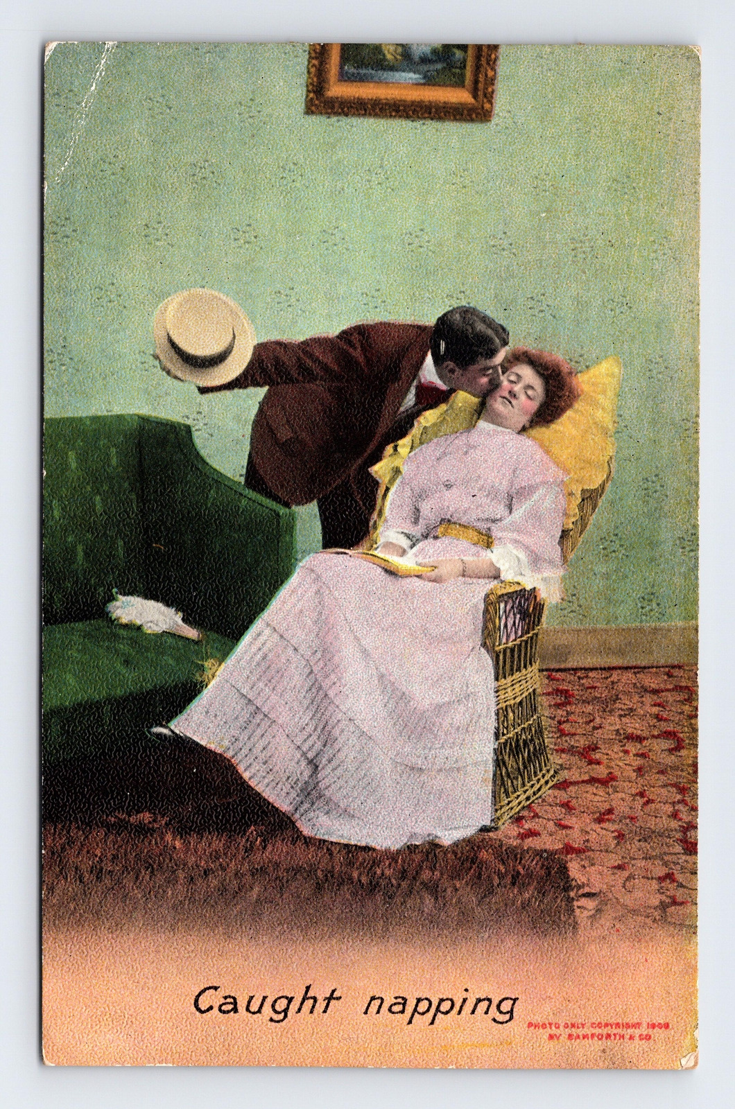 c1909 DB Postcard Caught Napping Couples Kiss Romance Bamforth & Co Holmfirth