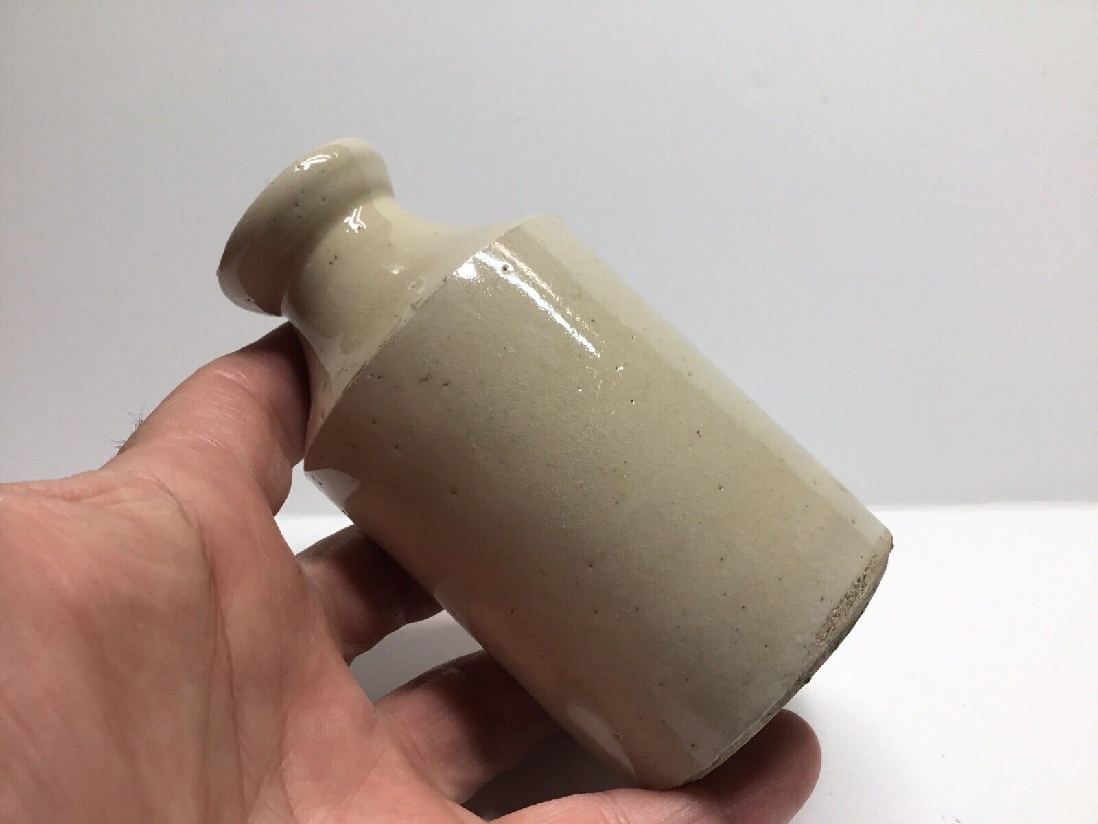 Small Squatty Antique Stoneware Utility / Polish Bottle. 4 1/2 Inches Tall.