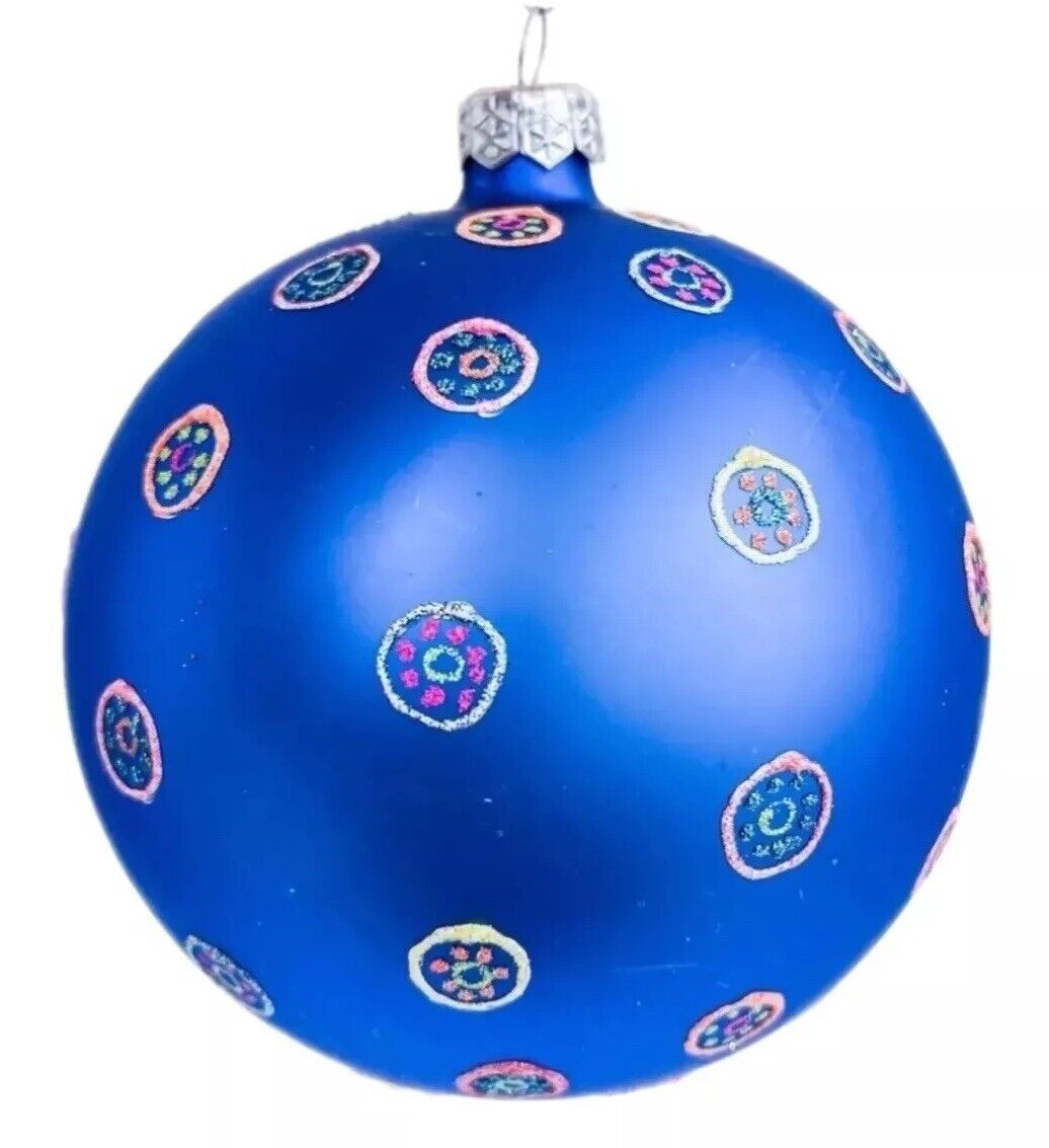 Vintage Round Blue w/ Glitter Design Blown Glass Christmas Ornament