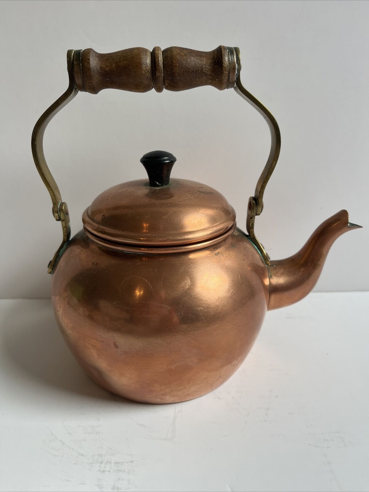Vintage Copper Tea Kettle Wood Handle and Knob on Lid