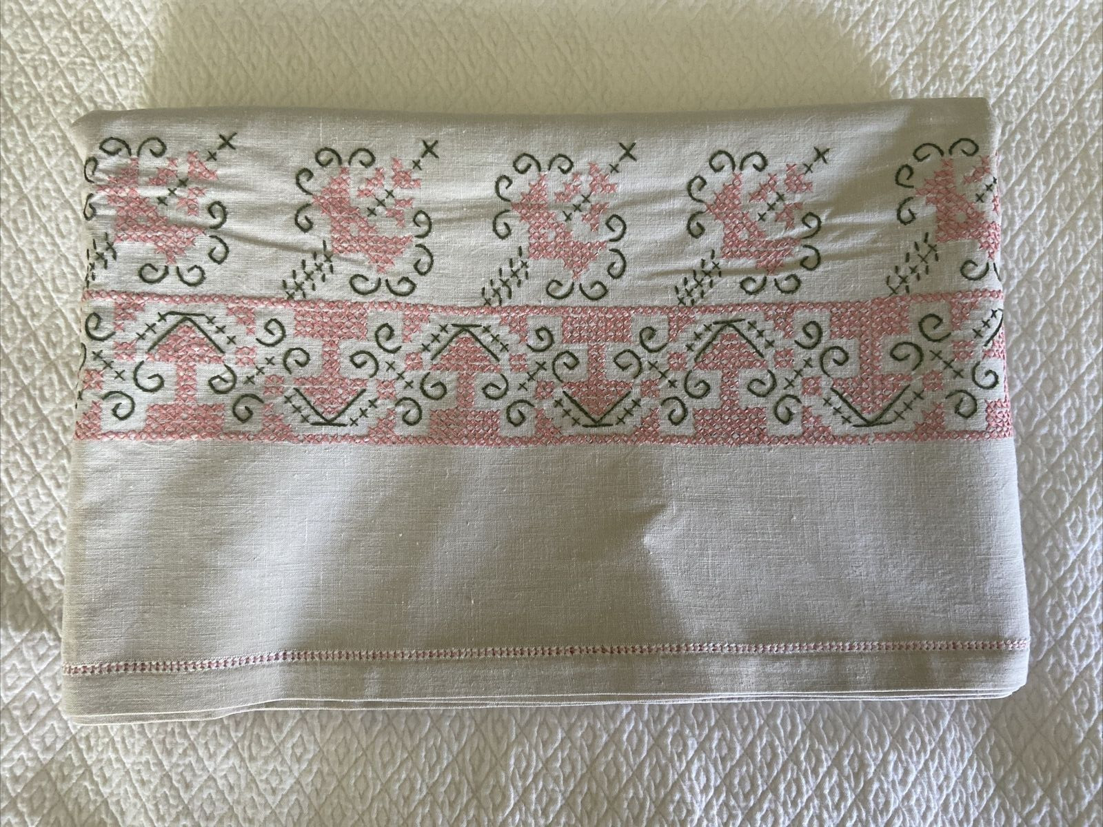 Gorgeous Vintage New Unused Linen Embroidered Tablecloth Pink Green on Cream