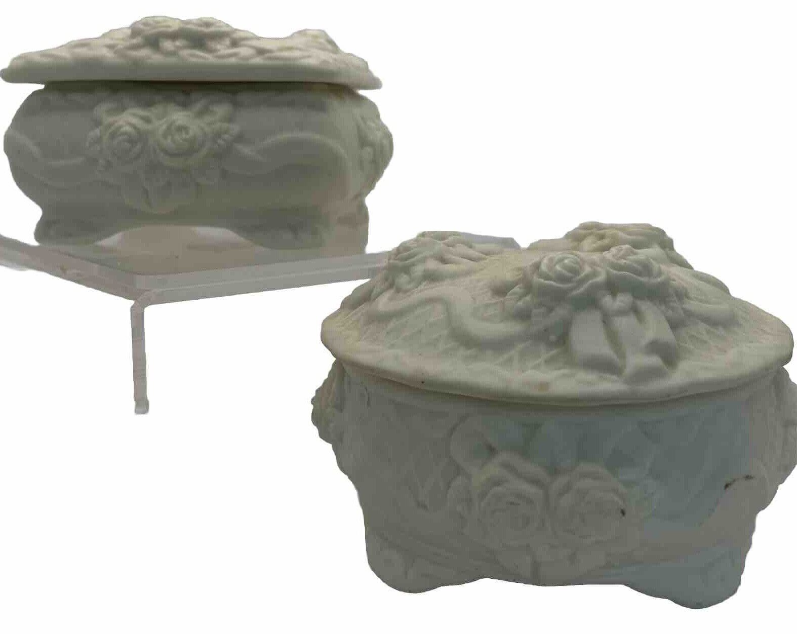 Two Vintage Trinket Boxes white porcelain. Bowls & lids, Round & Rectangle