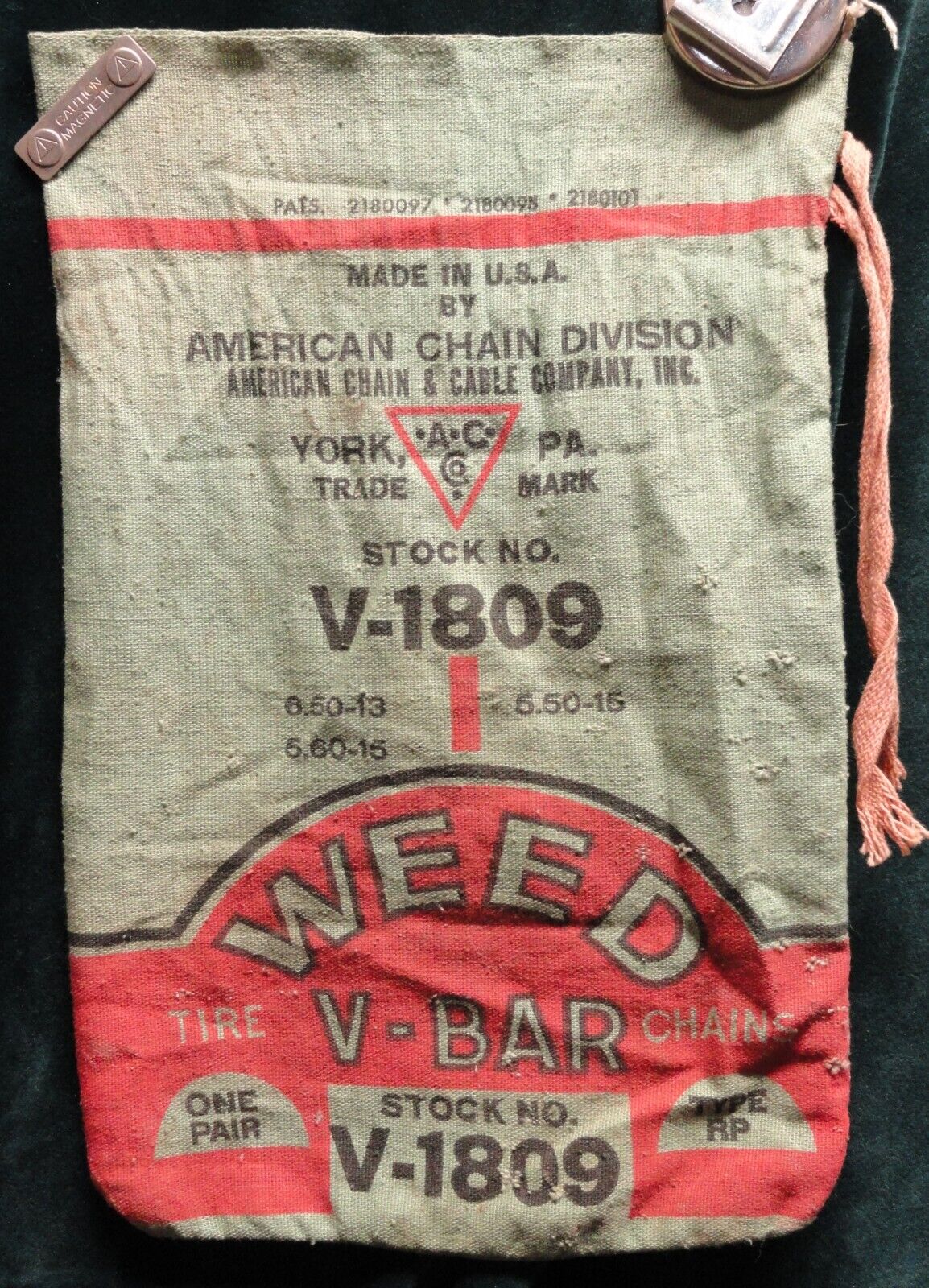 Vtg Antique American Chain & Cable Co. Weed V-Bar Tire Chains Bag Sack York PA