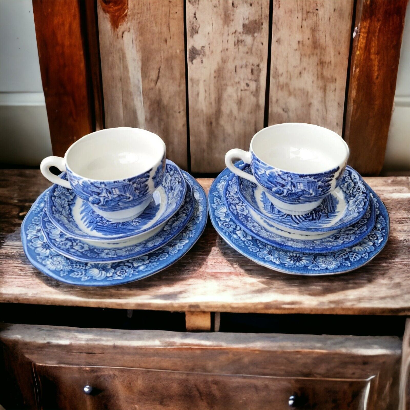Vintage Staffordshire Liberty Blue 2 Teacup 6 Saucers Set Betsy Ross Paul Revere
