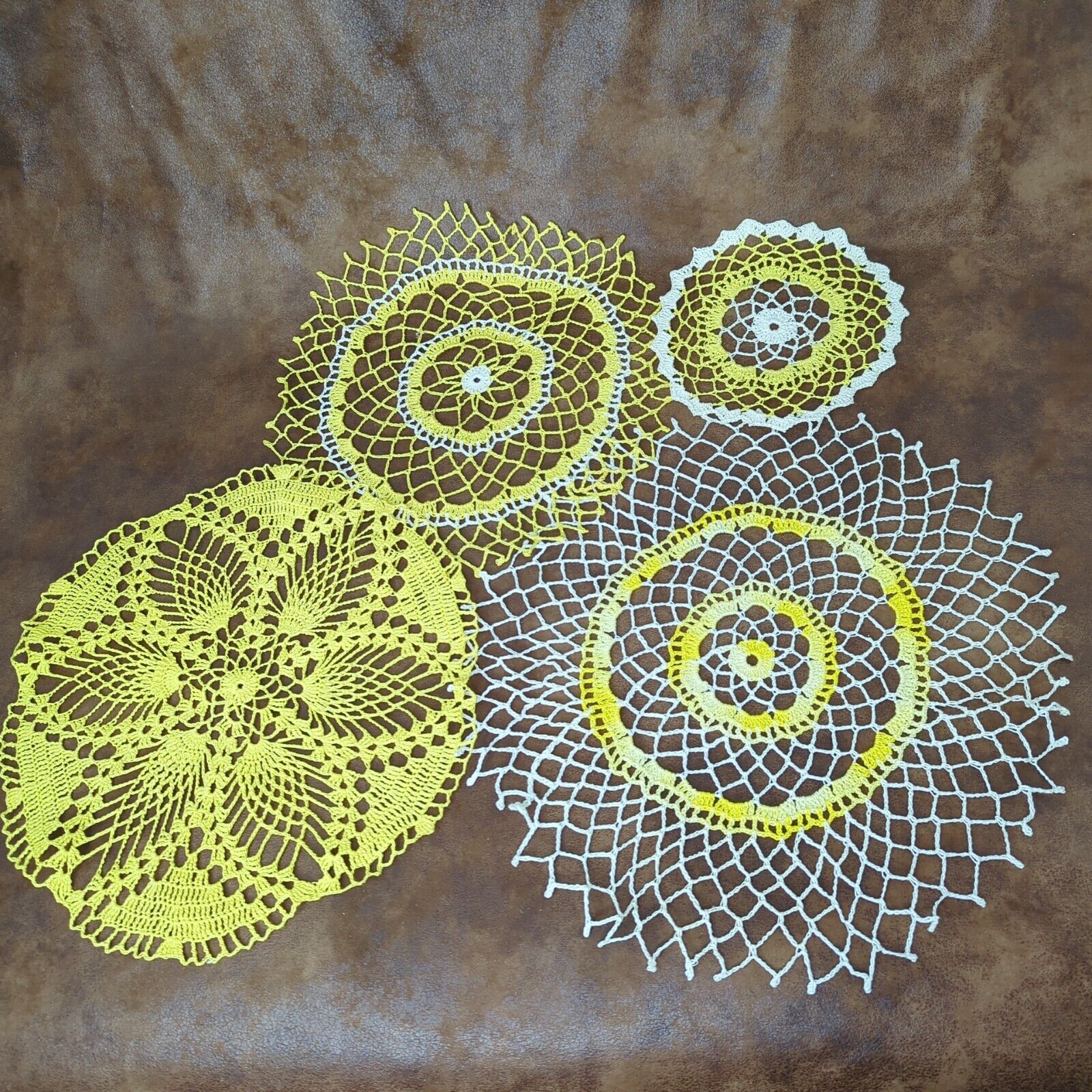 Lot of 4 Vintage Yellow Doily Doilies Crocheted 7-13 Inches Round