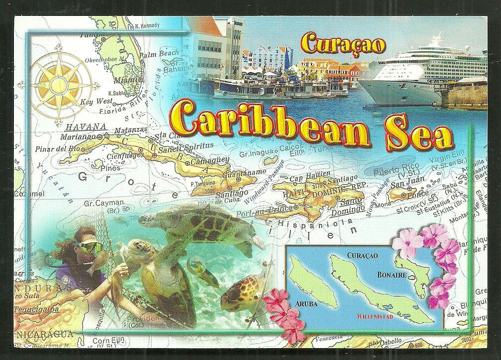 Map postcard Caribbean Islands Curacao Antillen Turtle stamp