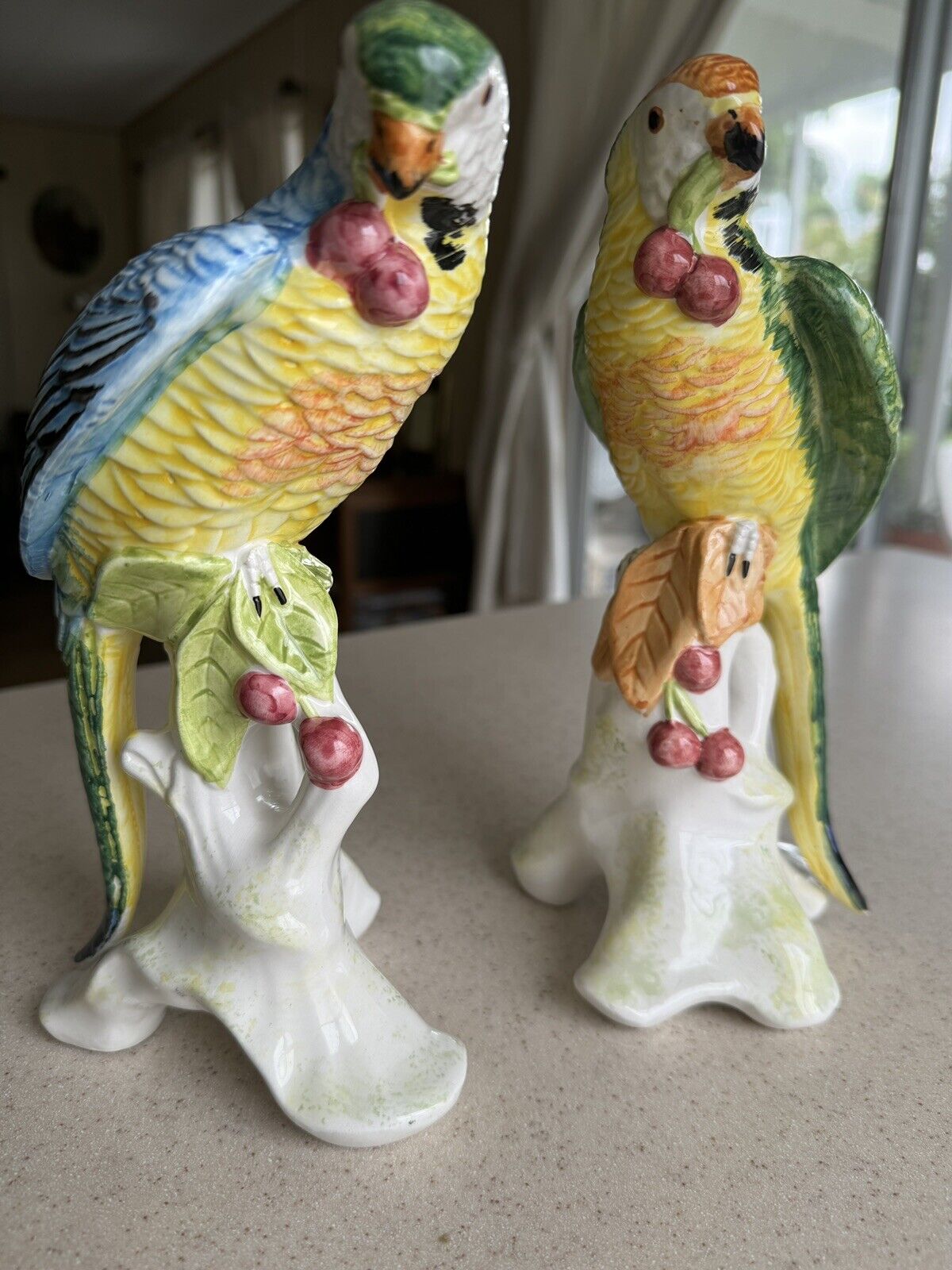 Porcelain Italy Chelsea House Parrot Bird Cherries Pair Vtg Decor Gift