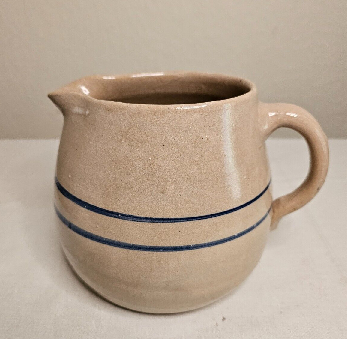 Antique Vtg Stoneware Crock Small 6” Tall Pitcher W Blue Stripes Chippy Floral