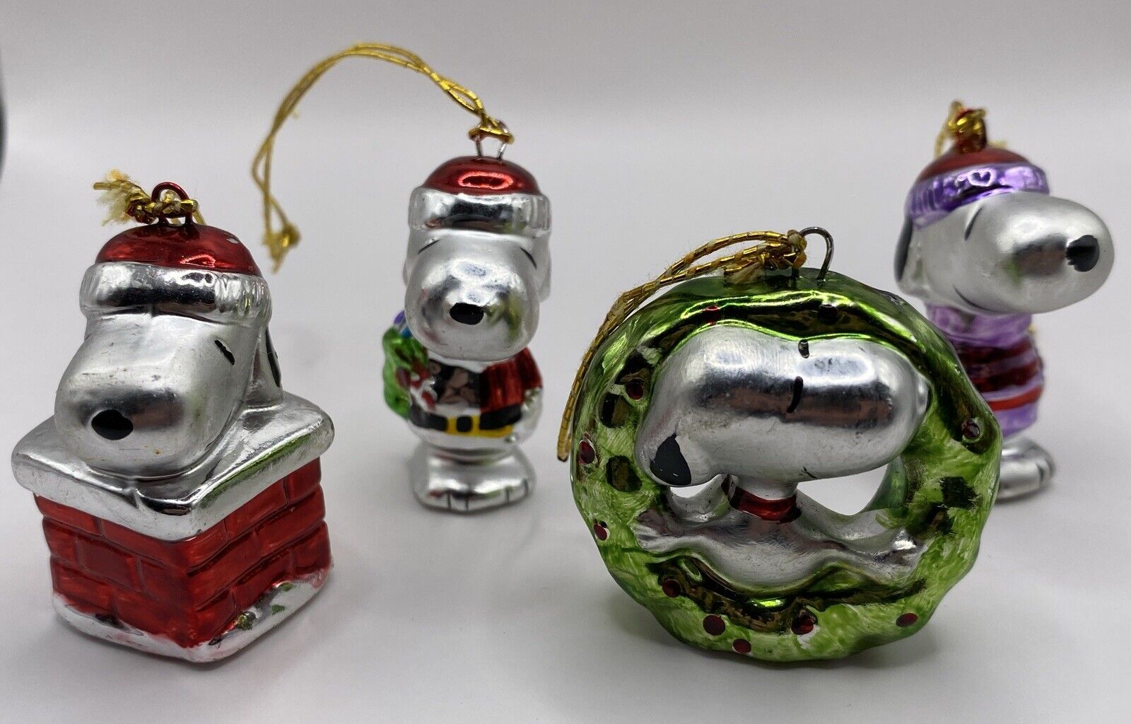4 Vintage Mini Ceramic Metallic Ornaments Peanuts Snoopy  1.5” Kurt S Adler