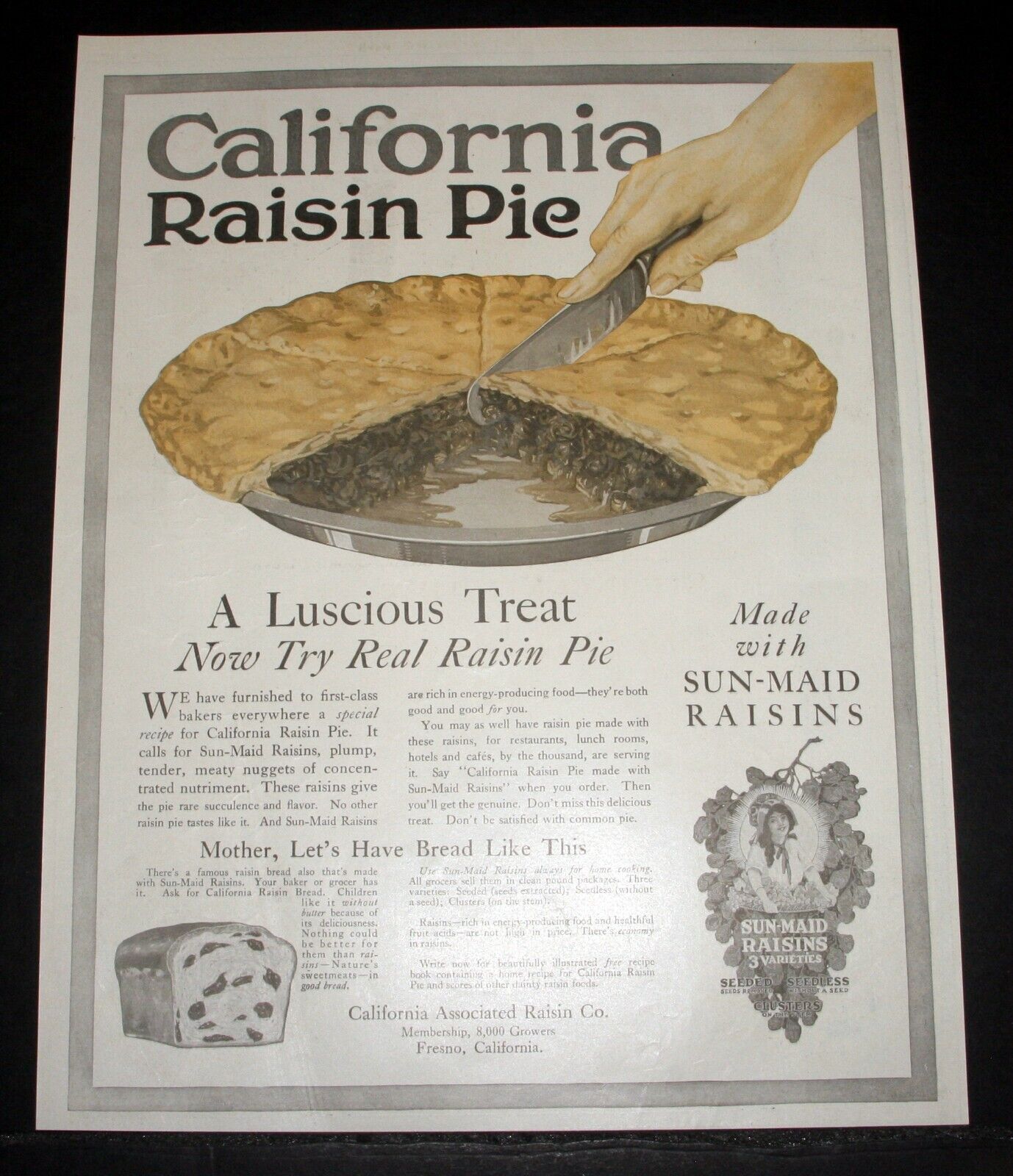 1917 OLD MAGAZINE PRINT AD, SUNMAID, CALIFORNIA RAISIN PIE, A LUSCIOUS TREAT