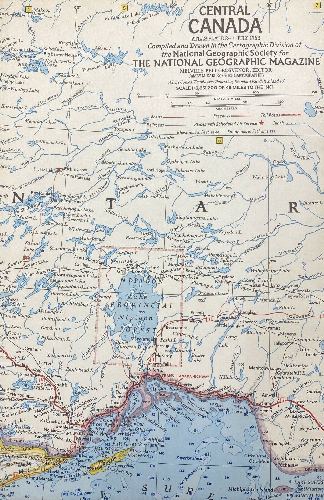 NATIONAL GEOGRAPHIC map only CENTRAL CANADA JULY 1963  birthday anniversary