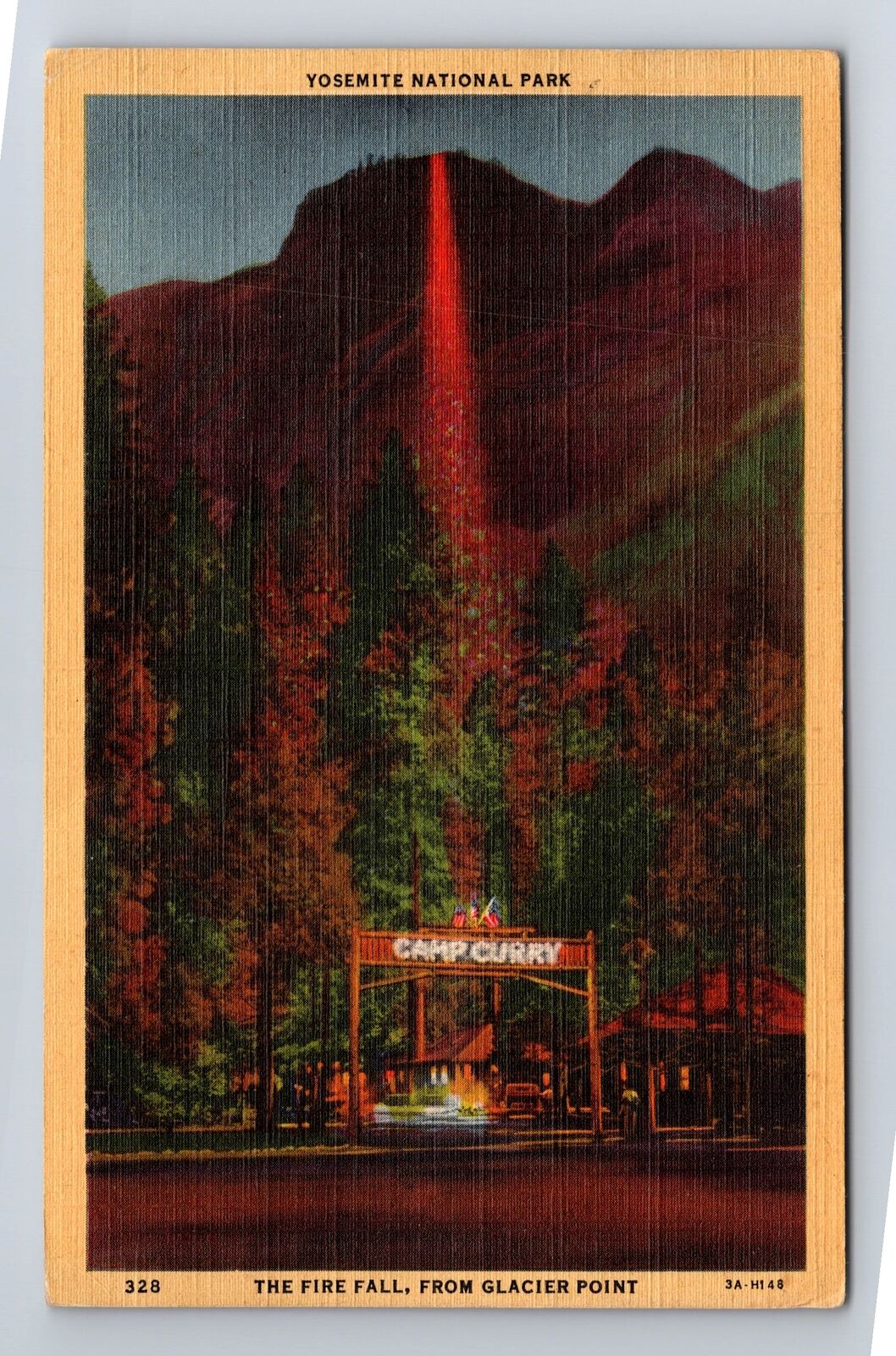 Yosemite National Park, The Fire Fall, Glacier Point, Vintage c1945 Postcard